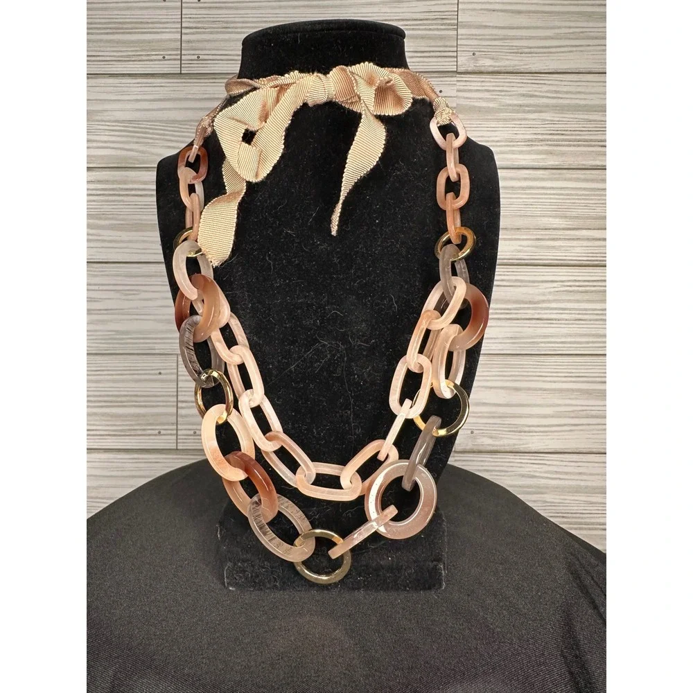 Pink Cream Chunky Link Beige Resin Ribbon Tie Necklace
